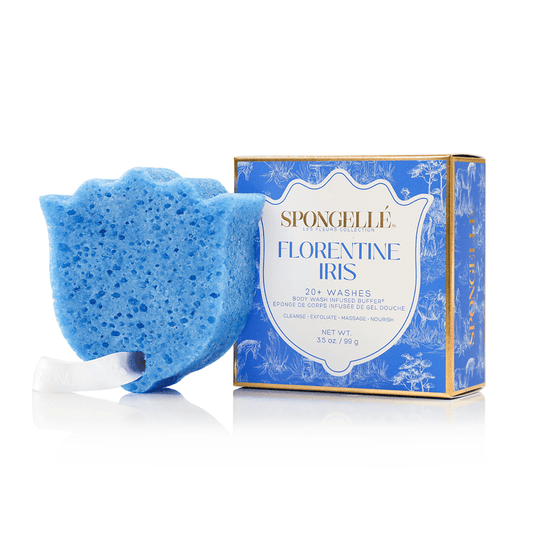 a blue sponge next to a box