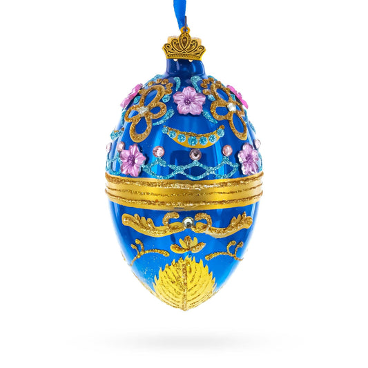 Flowers on Glossy Blue Glass Egg Christmas Ornament 4 Inches