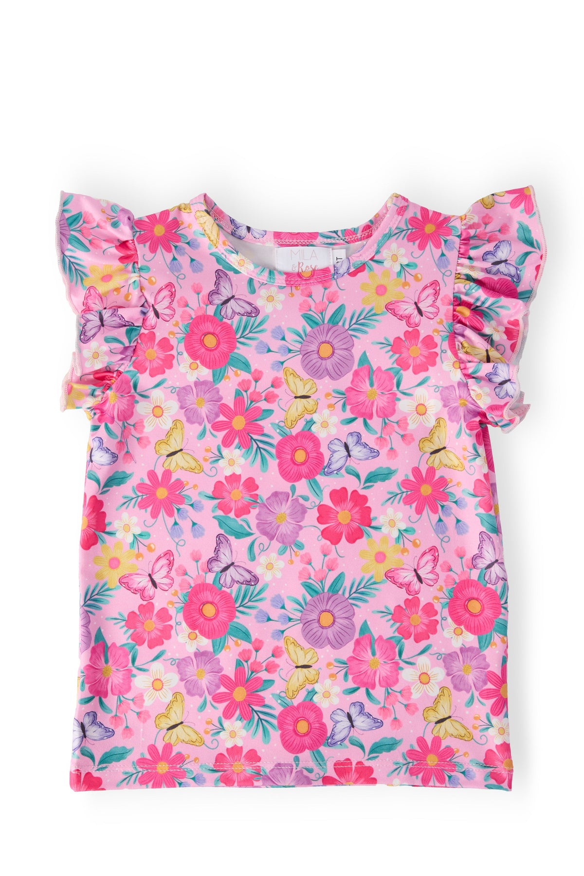 a pink shirt with flowers and butterflies