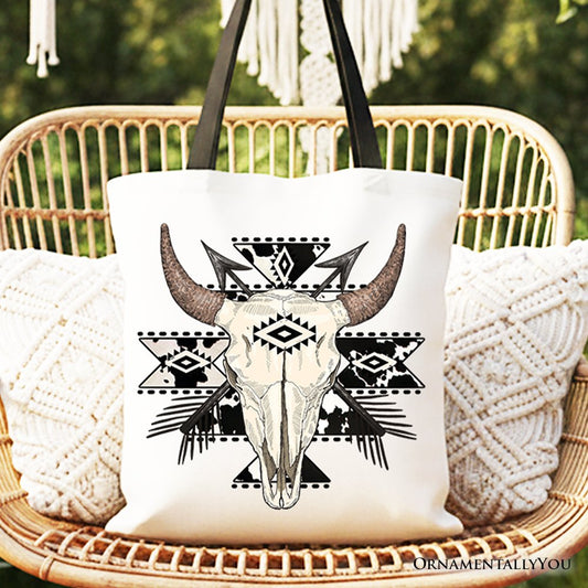 Aztec Tribal Bull Skull Canvas Tote Bag, Western Boho Gift Shopper