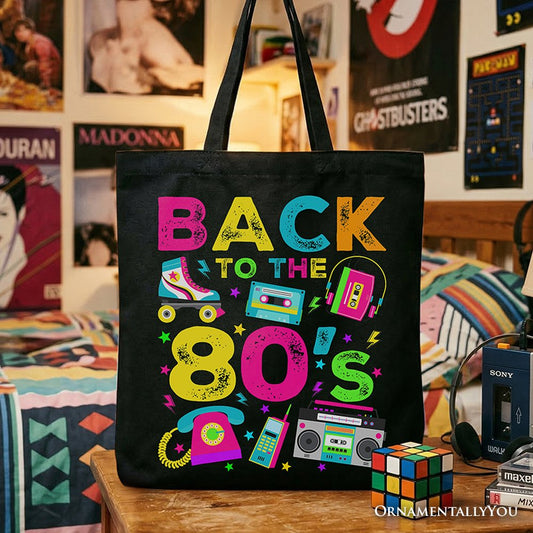 Back To The 80s Tote Bag, Colorful Retro Eighties Party Gift Shopper