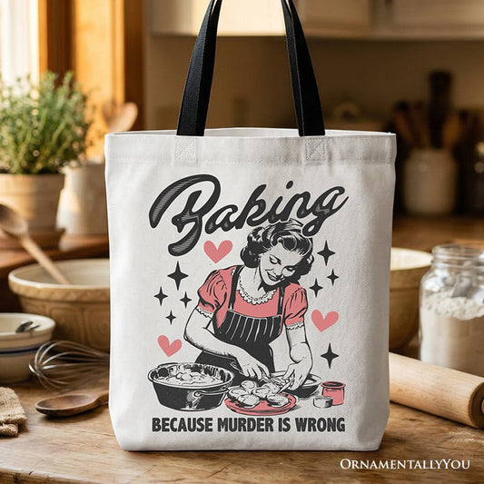 Baking Because Murder Is Wrong Anti-Valentine Tote Bag, Funny Retro Kitchen Gift Shopper