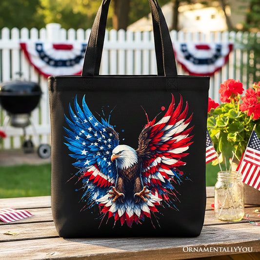 Bald Eagle American Flag Canvas Tote Bag, Patriotic Freedom Gift Shopper