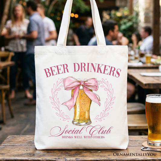 Beer Drinkers Social Club Tote Bag, Coquette Pink Bow Gift Shopper for Girly Summer Bachelorette Vibes