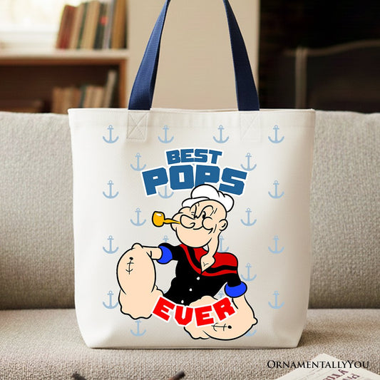 Best Pops Ever Canvas Tote Bag, Classic Popeye the Sailorman Dad Gift Bag for Fun and Strong Dads