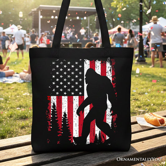Bigfoot American Flag Canvas Tote Bag, Patriotic Sasquatch Gift Shopper
