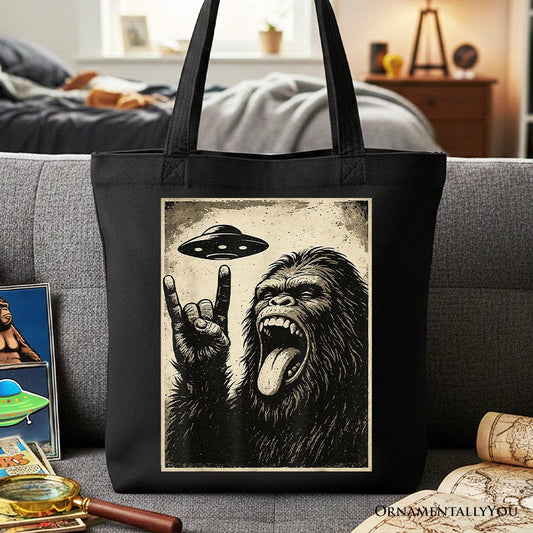 Bigfoot UFO Funny Canvas Tote Bag, Rock and Roll Sasquatch Meme Gift Shopper