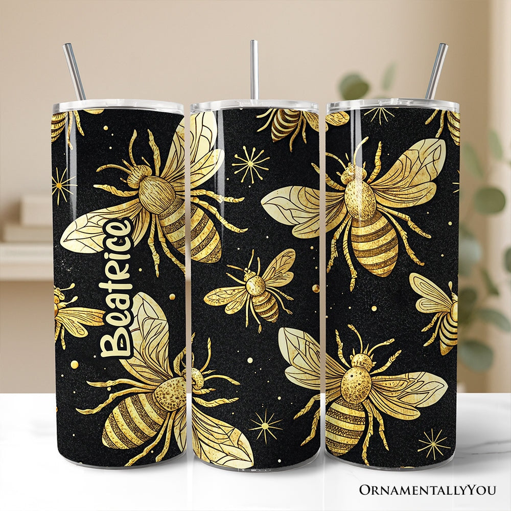 Black and Gold Bee Pattern 20oz Personalized Tumbler With Lid and Stainless Steel Straw, Elegant Apiarist Gift Cup