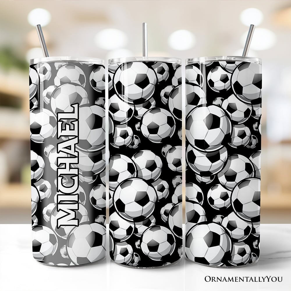 Black and White Soccer Ball 20oz Personalized Tumbler With Lid and Stainless Steel Straw, Football Sports Print Gift Cup