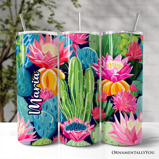 Blooming Desert Cactus Garden 20oz Personalized Tumbler With Lid and Stainless Steel Straw, Colorful Succulent Floral Gift Cup