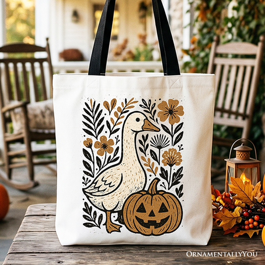 Boho Goose Halloween Pumpkin Tote Bag, Spooky Fall Floral Gift Shopper