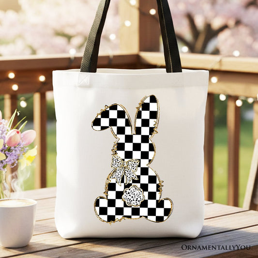 Checkered Easter Bunny Coquette Tote Bag, Stylish Spring Gift Shopper