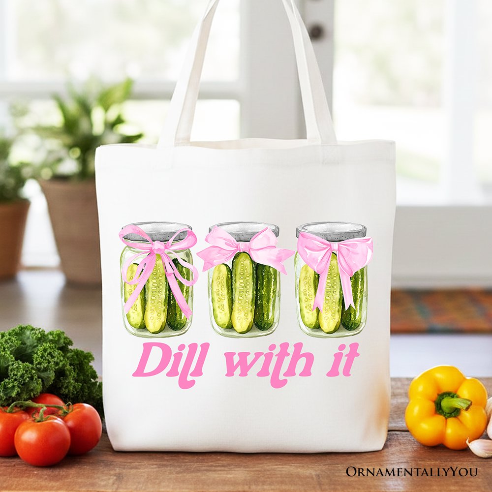 Coquette Dill With It Funny Canvas Tote Bag, Pink Bow Pickle Lover Gift Shopper for Cute and Quirky Style Fans