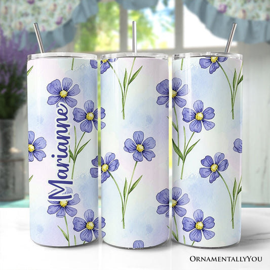 Delicate Blue Wildflowers 20oz Personalized Tumbler With Lid and Stainless Steel Straw, Soft Pastel Floral Pattern Gift Cup