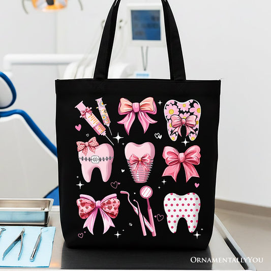 Dental Squad Coquette Canvas Tote Bag, Pink Teeth Dentist Life Bow Gift Shopper