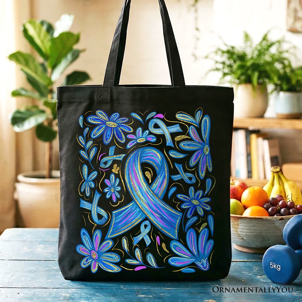 Diabetes Blue Ribbon Floral Tote Bag, Awareness Support Gift Shopper
