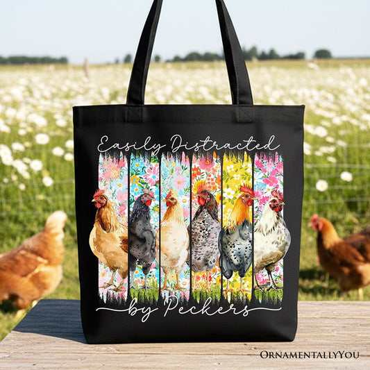 Easily Distracted by Peckers Chicken Farm Canvas Tote Bag, Funny Floral Farmlife Brushstroke Gift Shopper