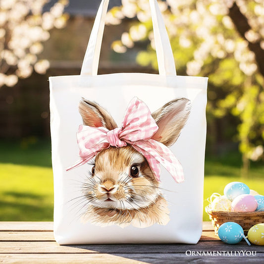 Easter Bunny Coquette Pink Bow Tote Bag, Cute Watercolor Gift Shopper
