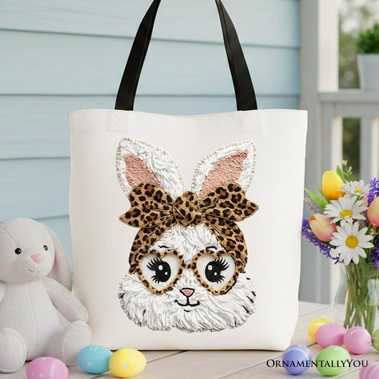 Easter Bunny Leopard Bow Tote Bag, Coquette Printed Faux Embroidery Girly Spring Gift Shopper