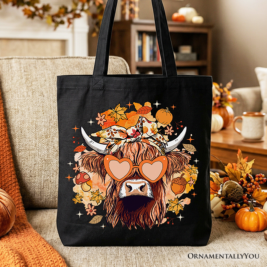 Fall Highland Cow Tote Bag, Messy Bun Howdy Gift Shopper with Autumn Vibes