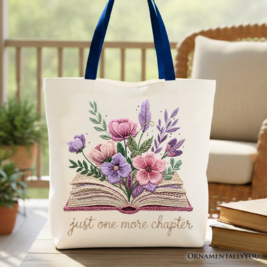 Floral Book Printed Faux Yarn Crochet Tote Bag, Just One More Chapter Bookworm Gift Shopper