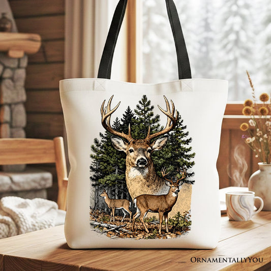 Forest Deers Vintage Grunge Canvas Tote Bag, Retro Hunter Gift Shopper