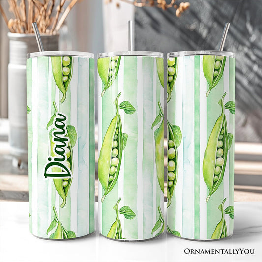 Fresh Green Pea Pod Pattern 20oz Personalized Tumbler With Lid and Stainless Steel Straw, Watercolor Garden Vegetable Gift Cup