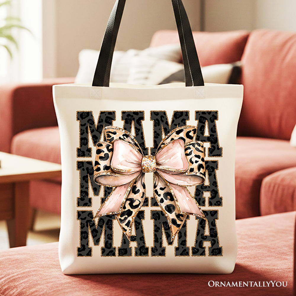 Glitter Leopard Mama Tote Bag, Coquette Bow Gift Shopper for Glam and Trendy Mothers