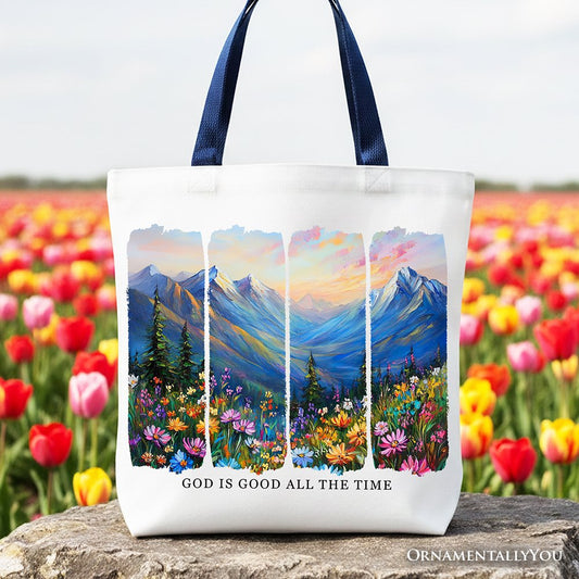 God Is Good All the Time Mountain Christian Canvas Tote Bag, Wildflower Brushstroke Bible Verse Faith Gift Shopper