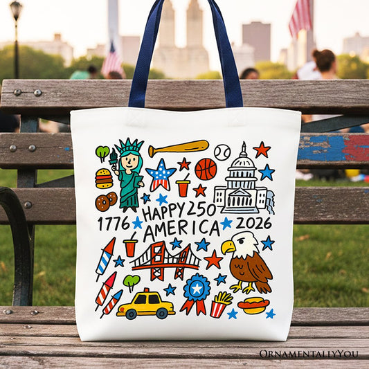 Happy 250 America Doodle Tote Bag, Patriotic USA 1776-2026 250th Anniversary Gift Shopper