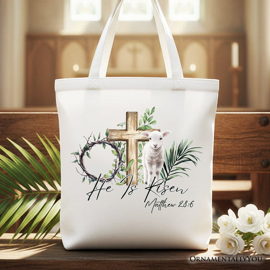 He Is Risen Lamb Cross Christian Easter Tote Bag, Bible Verse Matthew 28:6 Gift Shopper