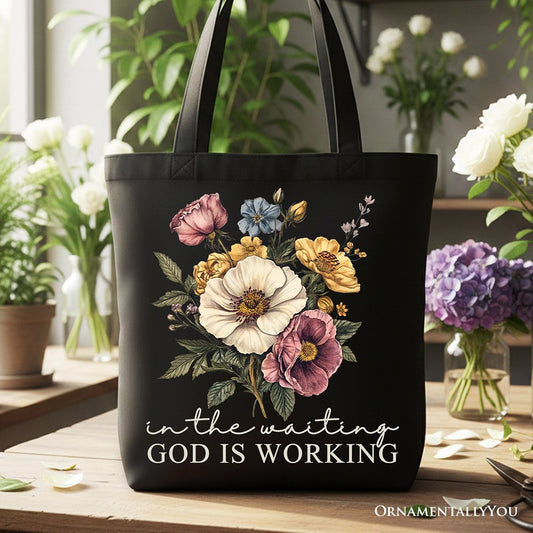 In the Waiting God Is Working Floral Christian Canvas Tote Bag, Vintage Wildflower Faith Gift Shopper
