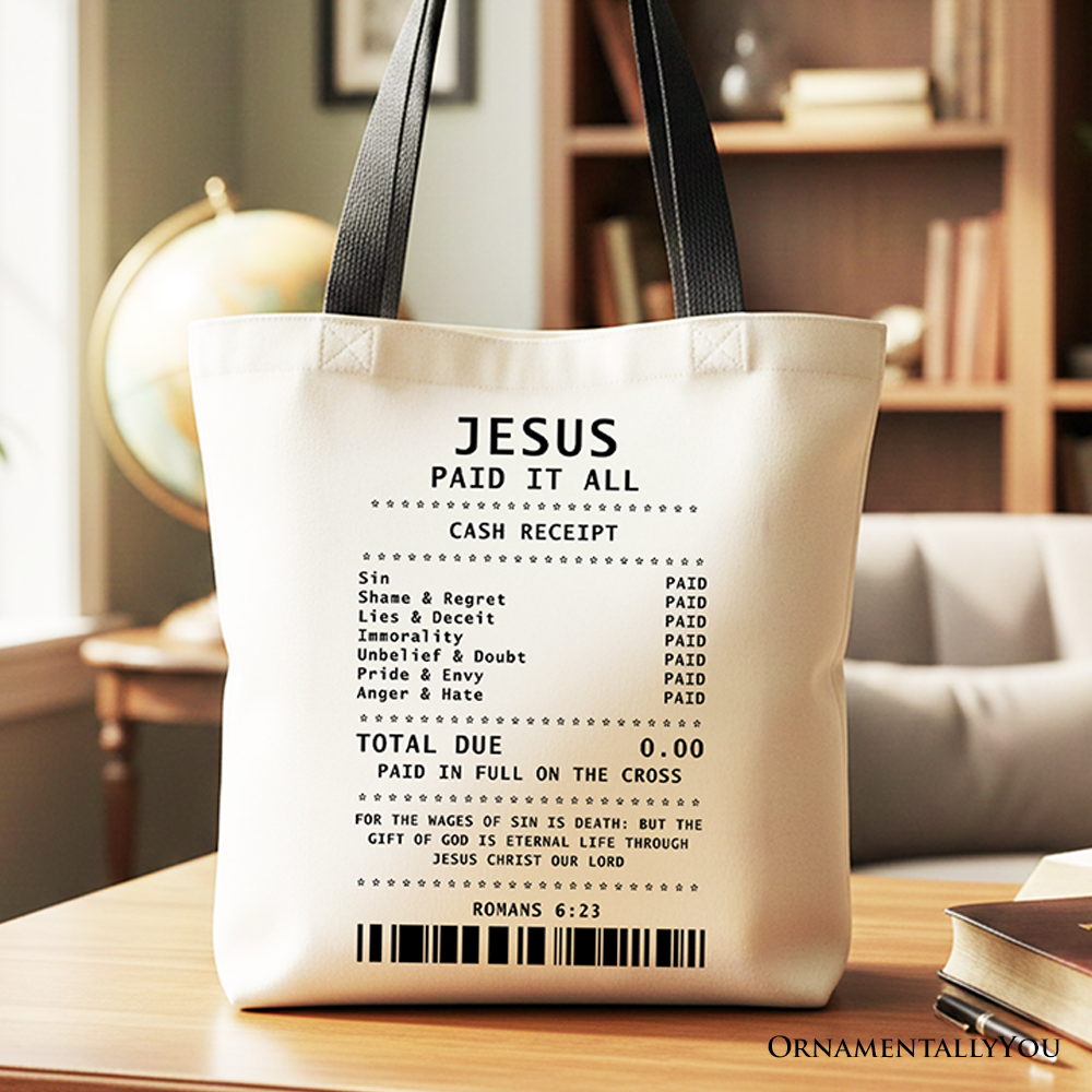 Jesus Paid It All Cash Receipt Tote Bag, Christian Gift Shopper for Believers