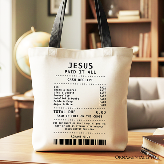 Jesus Paid It All Cash Receipt Tote Bag, Christian Gift Shopper for Believers