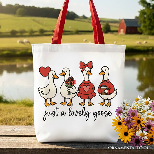 Just a Lovely Goose Valentine Canvas Tote Bag, Coquette Cute Love Printed Gift Bag