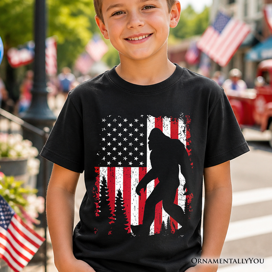 Kids Bigfoot American Flag T-Shirt, Youth Patriotic Sasquatch Tee