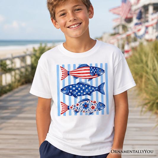 Kids Patriotic Fish Striped T-Shirt, 4th of July Beach Youth Tee