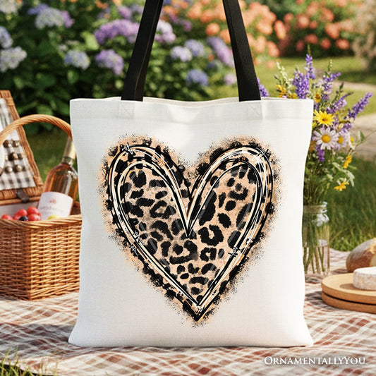 Leopard Heart Valentine Canvas Tote Bag, Love Design Shopper