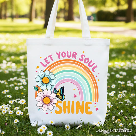 Let Your Soul Shine Rainbow Tote Bag, Retro Pastel Floral Feel Good Gift Shopper