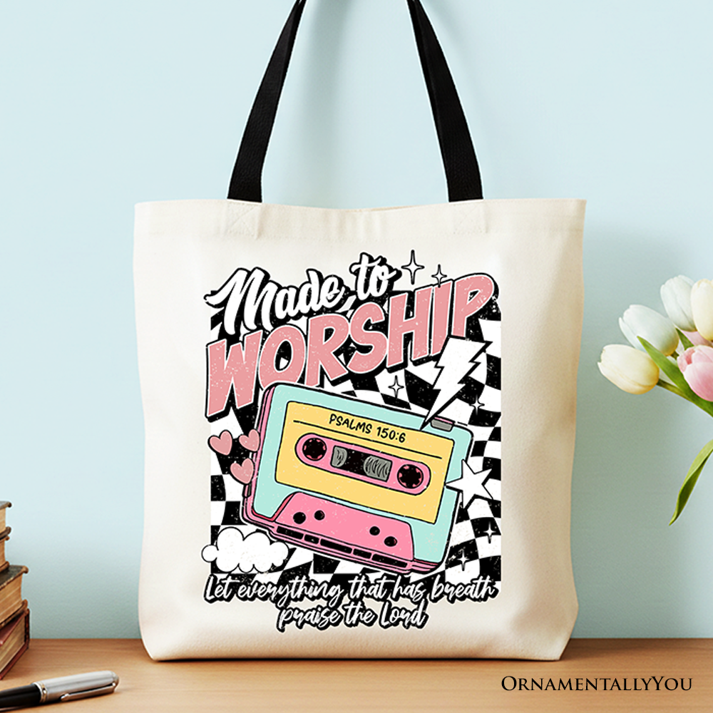 Made to Worship Christian Retro Tote Bag, Psalm 150:6 Bible Verse Gift Shopper