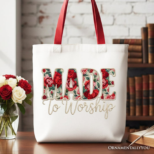 Made to Worship Printed Faux Yarn Crochet Christian Tote Bag, Floral Retro Faith Gift Shopper