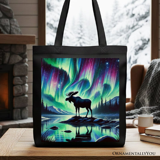Majestic Moose Under Northern Lights Canvas Tote Bag, Gift Shopper for Enchanted Christmas