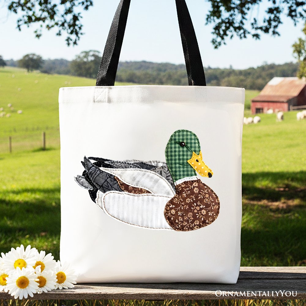 Mallard Duck Printed Faux Patchwork Tote Bag, Hunting Outdoors Gift Shopper