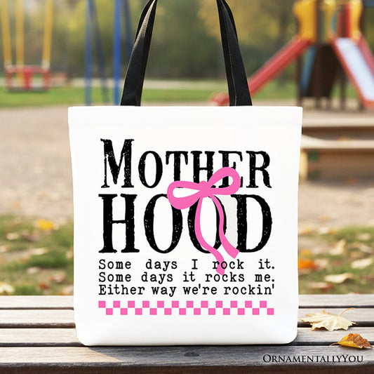 Motherhood Coquette Pink Bow Tote Bag, Retro Checkered Gift Shopper