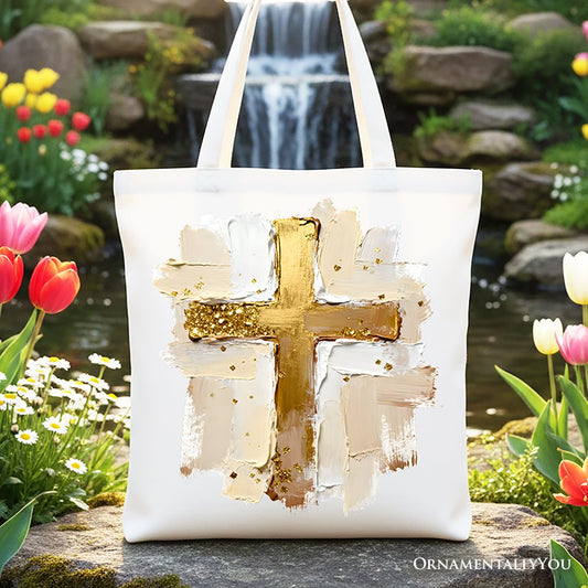Oil Brushstroke Cross Canvas Tote Bag, Christian Faith Jesus Easter Gift Shopper