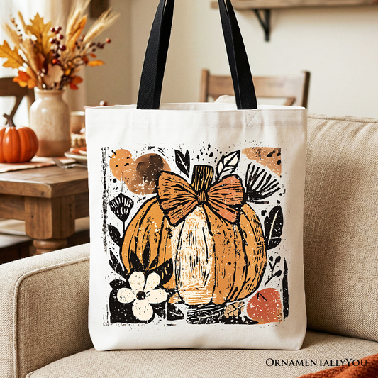 Pumpkin Fall Floral Tote Bag, Thanksgiving Coquette Bow Gift Shopper