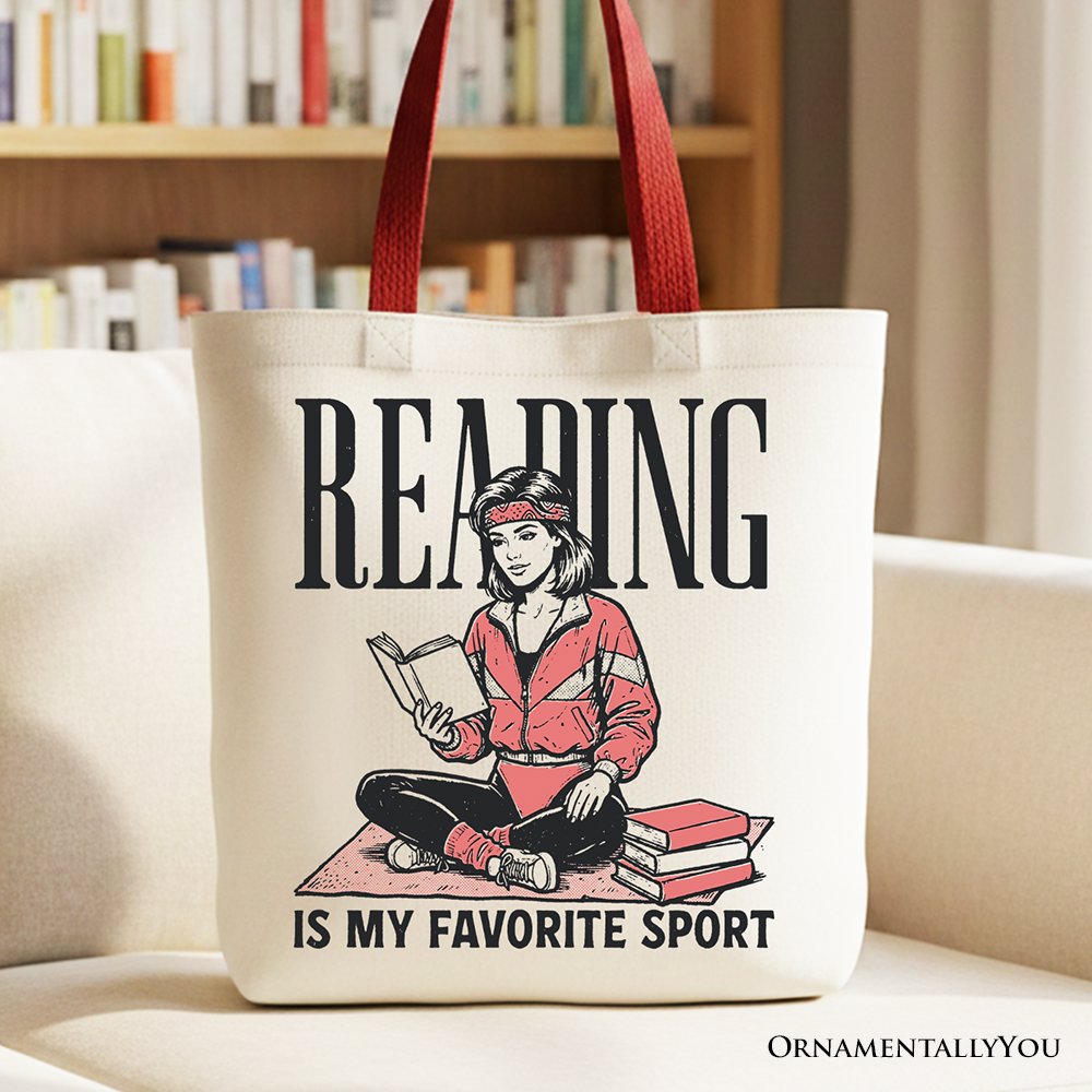 Reading Is My Favorite Sport Bookworm Canvas Tote Bag, Retro Bibliophile Gift Shopper