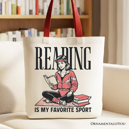 Reading Is My Favorite Sport Bookworm Canvas Tote Bag, Retro Bibliophile Gift Shopper