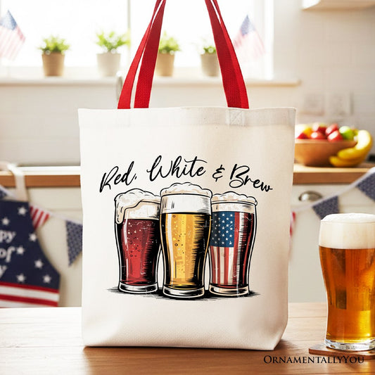 Red White and Brew Beer American Tote Bag, Patriotic USA 4th of July Gift Shopper