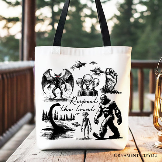 Respect The Local Cryptid Squad Canvas Canvas Tote Bag, Funny Bigfoot Alien Mothman Meme Gift Shopper